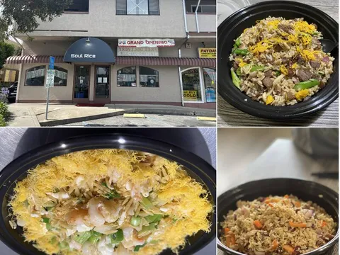 Soul Rice storefront and fried rice dishes in Pacifica